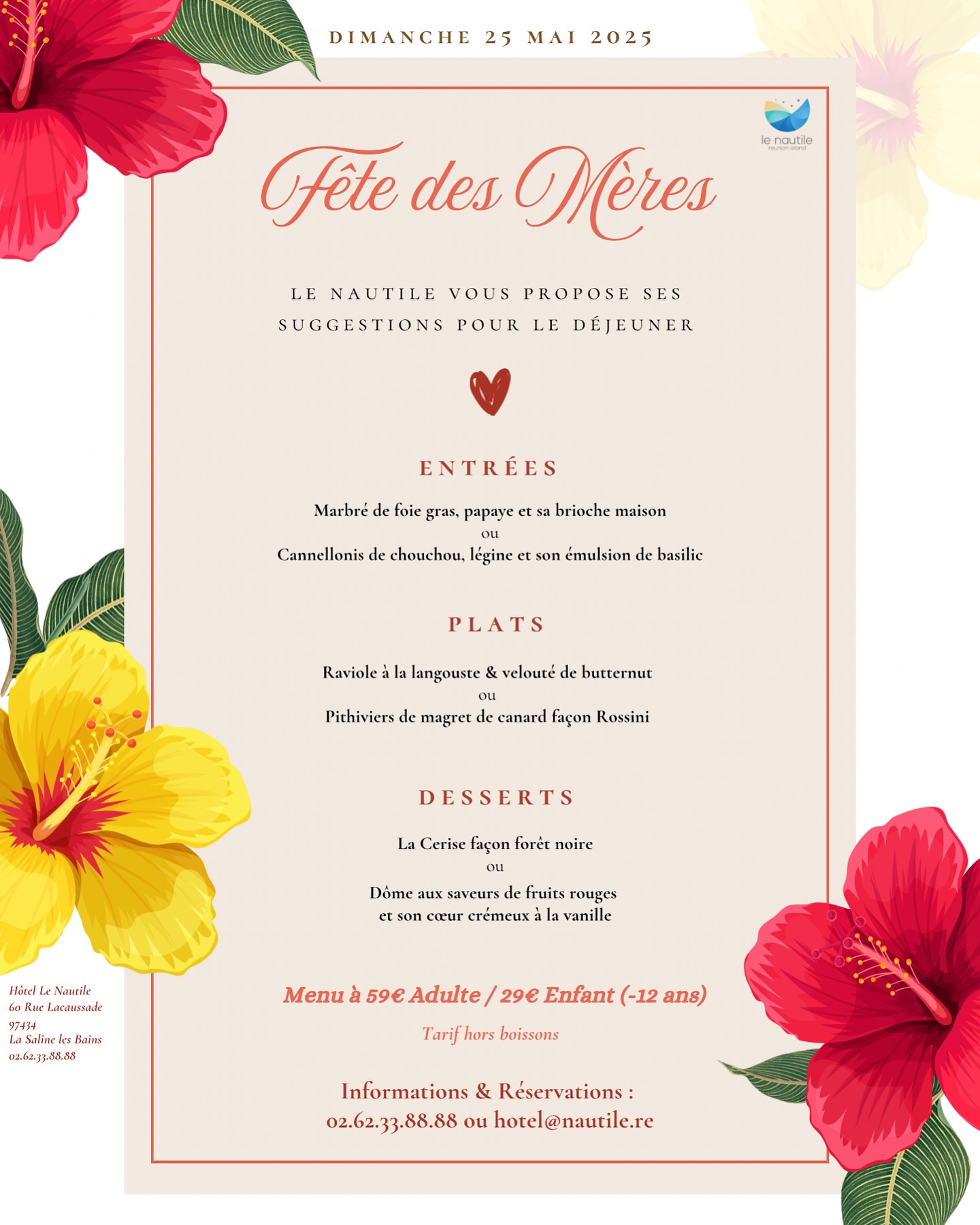 MENU DE LA FÊTE DES MÈRES AU NAUTILE
